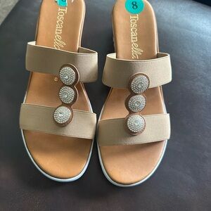 Tan Slip-On Sandals with Metallic Embellishments